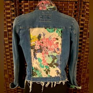 XS LOFT distressed denim jacket embellished with a beautiful silk scarf.